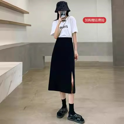 Black Skirt Mid-length Women's Summer Thin Ice Silk High Waist Split Figure Flattering chubby girl plus size A- line Skirt