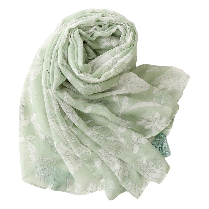 Yi Tao Scarf Simple Elegant Fresh Cotton and Linen Hand Scarf Women's Light Green Flower Handmade Tassel Gauze Scarf Shawl