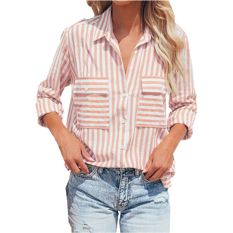 Cross-Border European and American Foreign Trade Women's Clothing Spring and Summer New Amazon Linen Cotton Washed Striped Single-Breasted Long-Sleeved Shirt for Women
