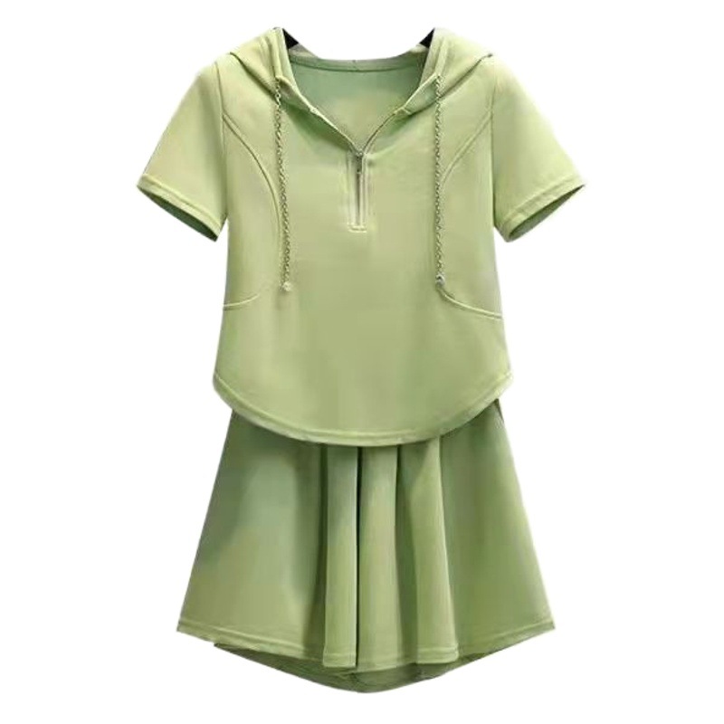 European and Korean Suit Large Size Women's Clothing Chubby Girl Summer Hooded Top Loose Shorts Casual Sports Age-reducing Two-piece Suit