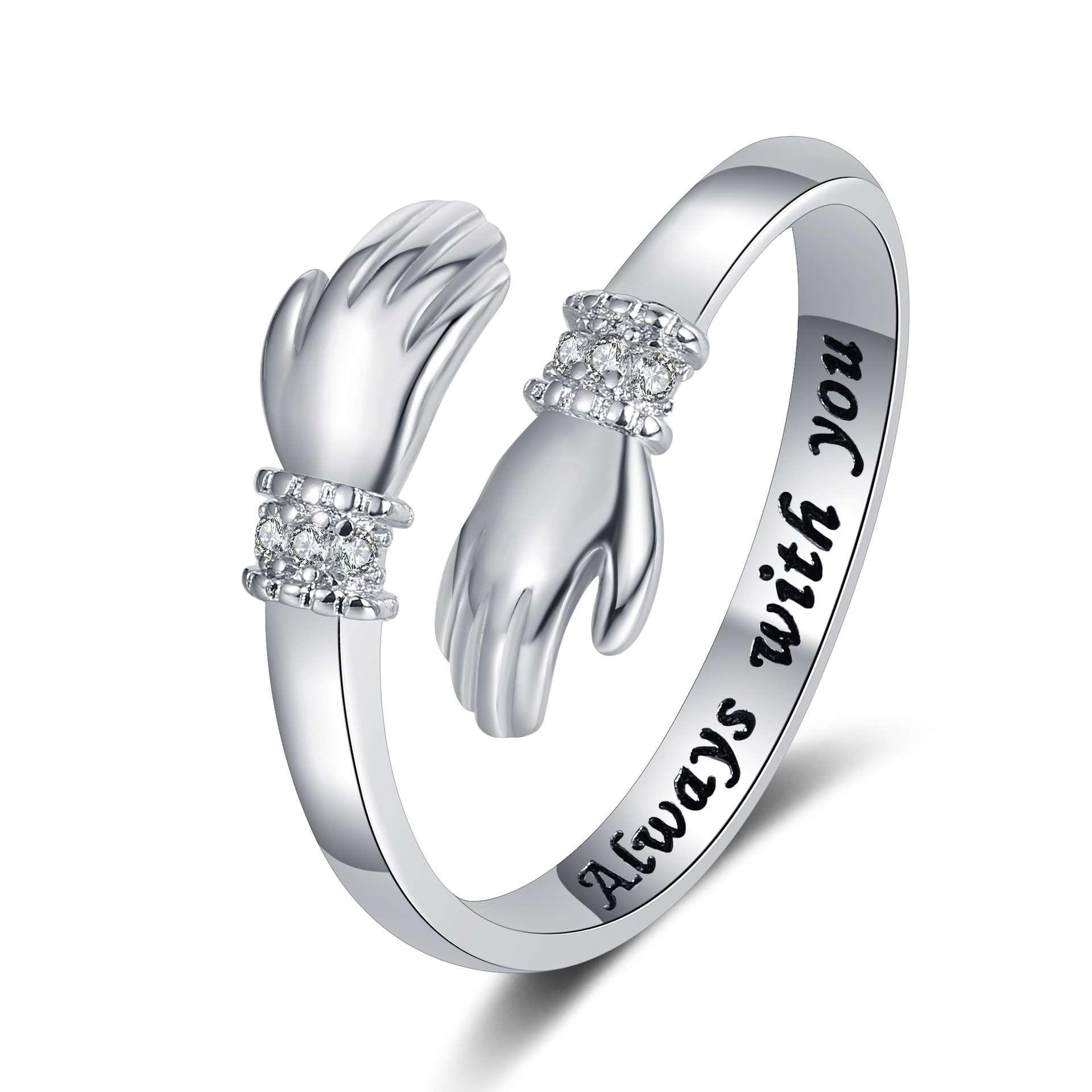 Picture of Europe and the United States creative love hug hands diamond ring women's lettering opening adjustable ring warm heart gift