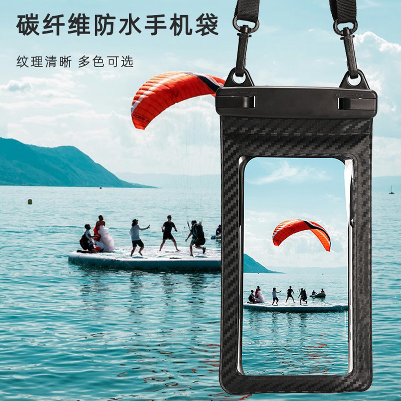 Carbon fiber waterproof bag mobile phone waterproof case manufacturers swimming mobile phone waterproof bag takeaway hanging neck mobile phone bag