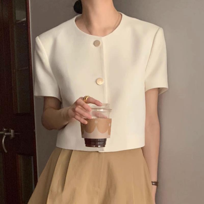 Picture of Korean Chic Summer Small Fragrant Style Round Neck Single-Breasted Casual Versatile Puff Sleeve Short Outwear Women's Small Shawl