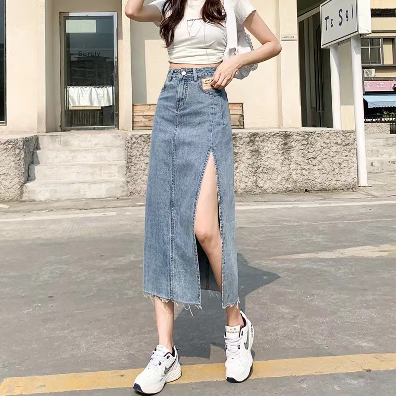 Blue side slit Denim skirt women's 2020 autumn and winter high waist mid-length slimming sheath A- line skirt