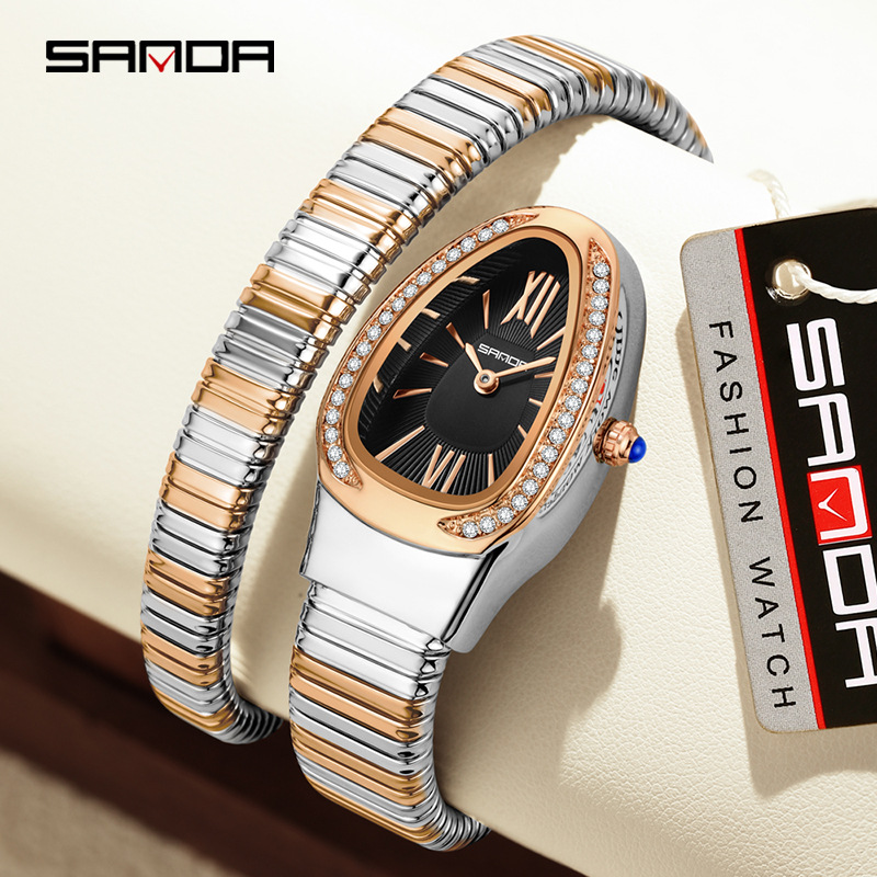 Sanda's Popular Quartz Women's Watch, Simple and Personalized Snake-Shaped Women's Watch, Creative Two-Needle Diamond Waterproof Women's Watch