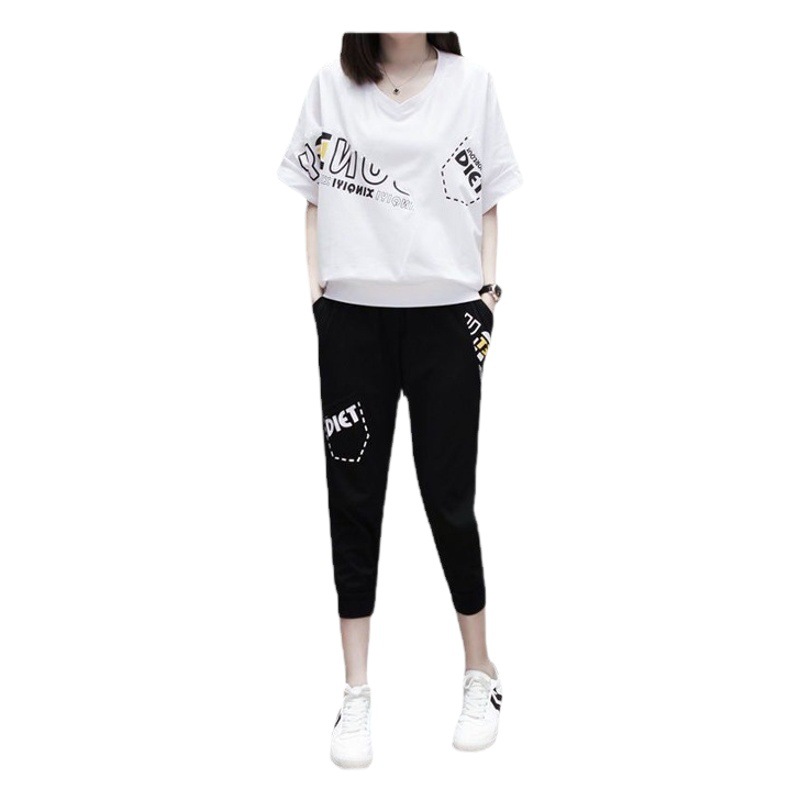 Chubby Girl Fashion suit women's summer leisure sports suit plus size slimming Western style loose short sleeve two-piece set