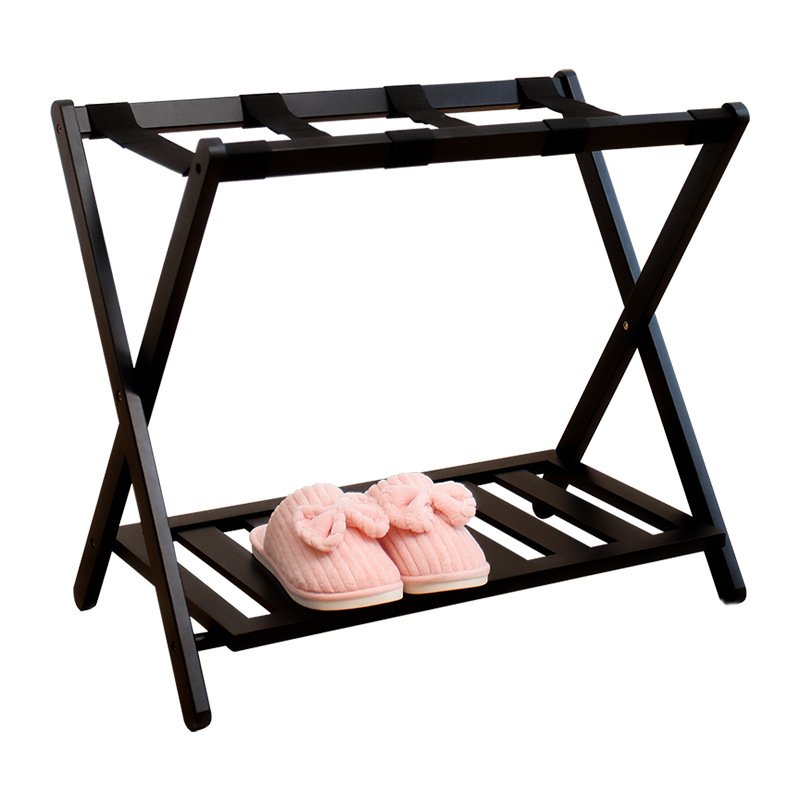 Picture of Hotel Luggage Rack Black Household High-grade Nanzhu Folding Bedroom Storage Rack Simple Double-layer Luggage Storage Rack