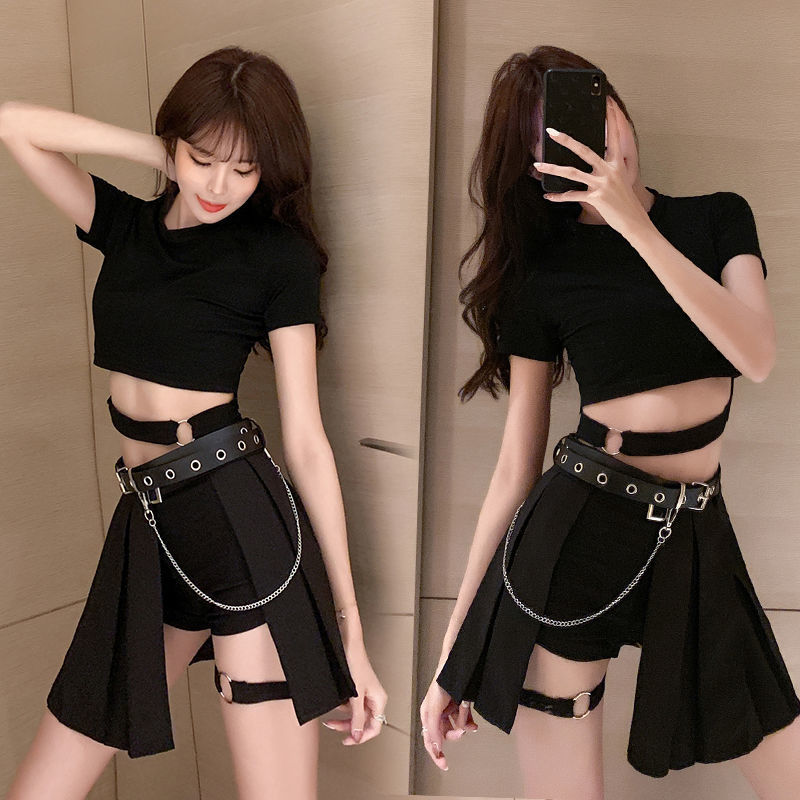 Sexy Disco Women's Suit Summer Crop Top Handsome Cool Girl Gothic Style Pure Desire Pleated Skirt Jazz Dance Suit