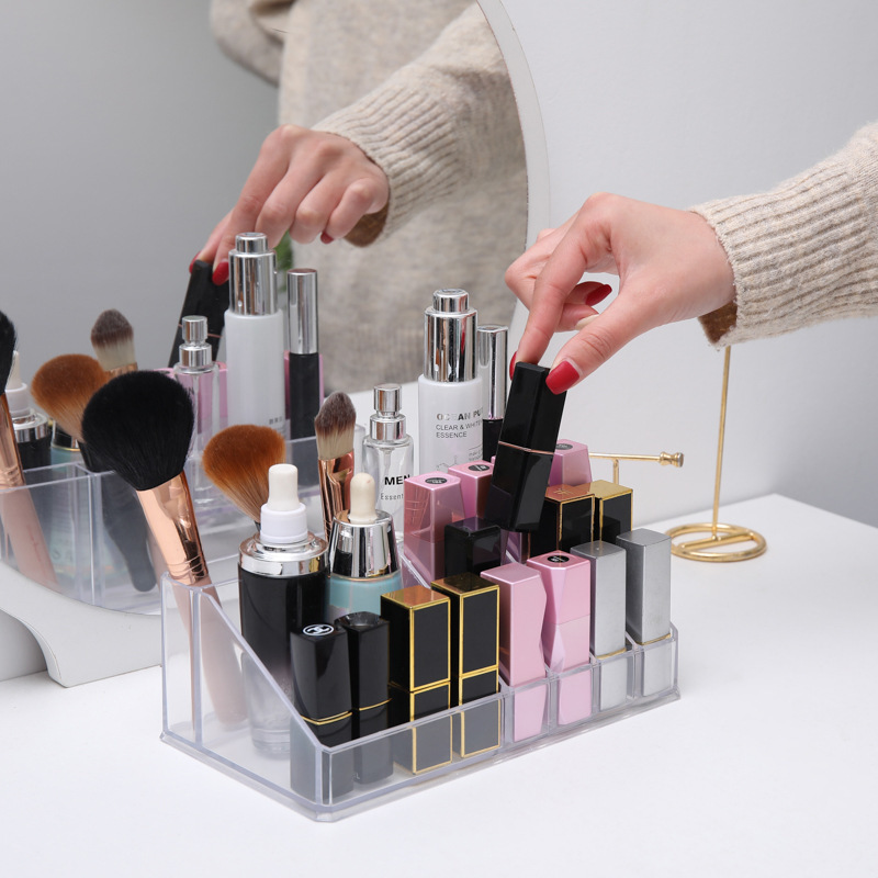 Lipstick Storage Box Desktop Dustproof with Lid Acrylic Grids Cosmetics Storage Rack Large Capacity Lip Glaze Box for Home Use