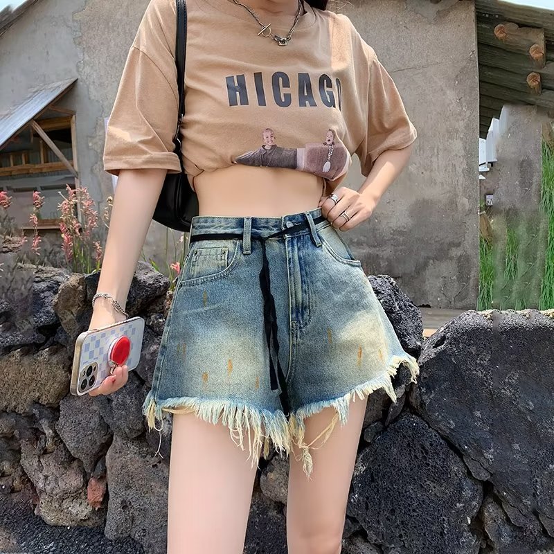 Picture of Rapped Denim Shorts Women's Summer New Spice Girls High Waist Slimming American Style Retro Washed Old a-Shaped Wide-Leg Hot Pants