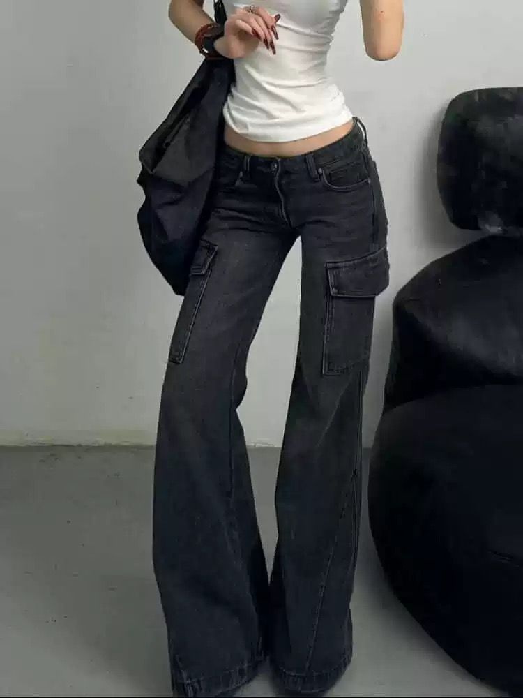 American Style Retro Low Waist Flared Jeans Women's Autumn New Spice Girl Loose Wide Leg Overalls Long Pants