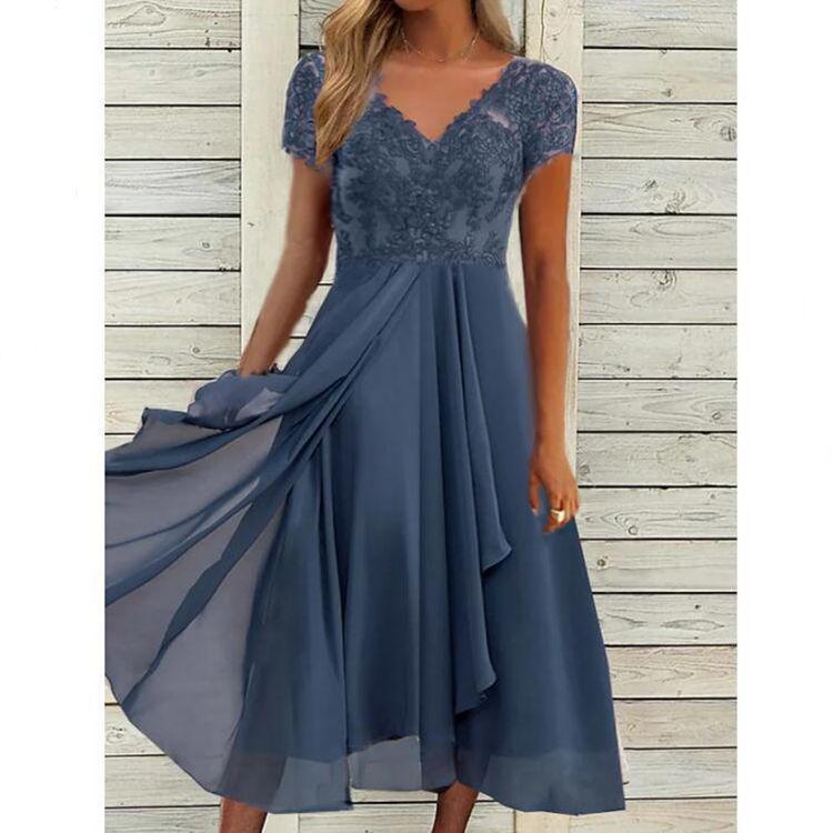 European Station Cross-border Amazon dress Chiffon Stitching V-neck Lace Hollow Dress Bridesmaid Evening Dress