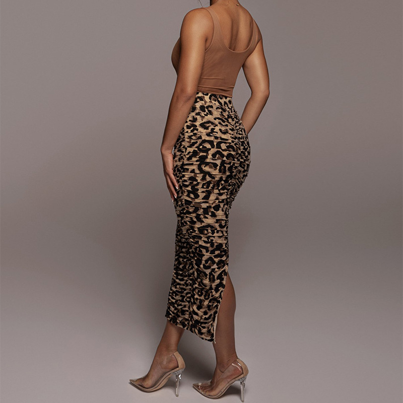 Picture of 2025 Spring and Summer New High-Waisted Leopard Print Skirt European and American Fashion Sexy Tight Pleated Slit Mid-Length Skirt