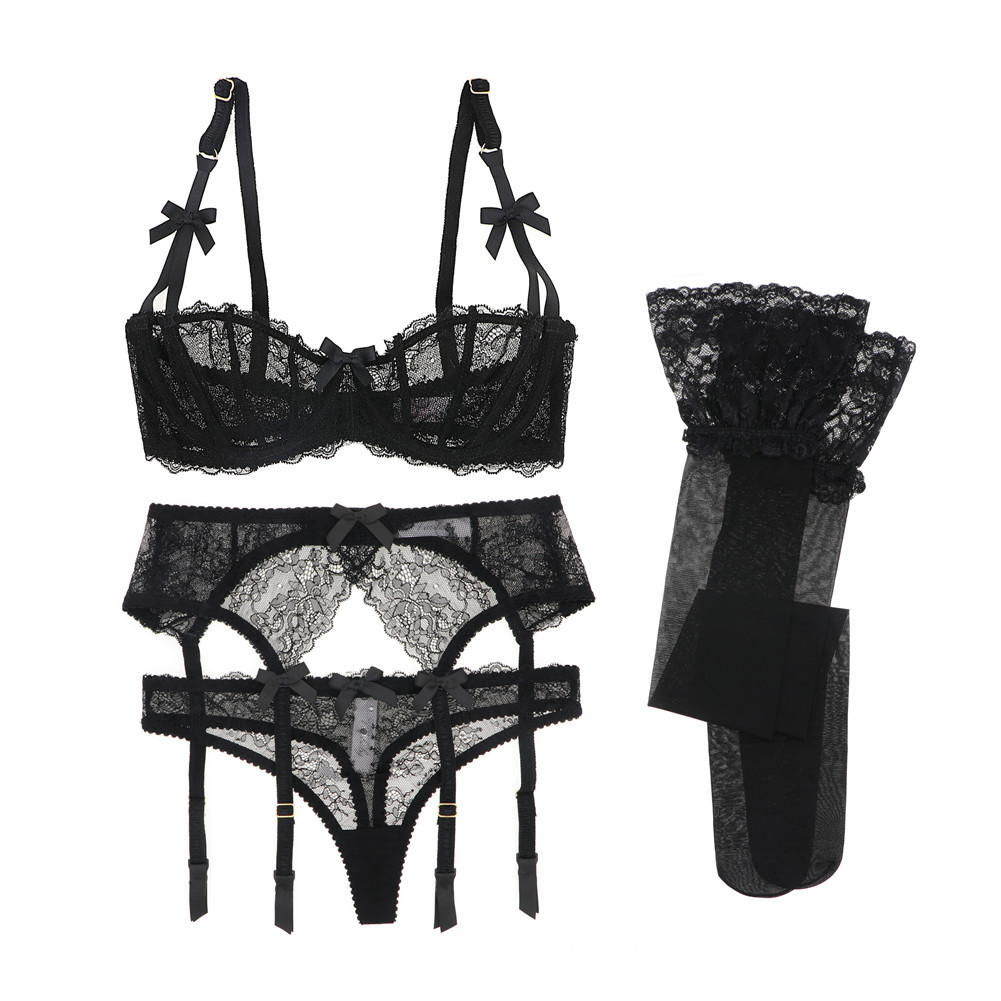 Picture of Independent Station Half Cup Sexy Lace 4-Piece Bra Intimates Women's Bra + Panties + Garter + Stockings Set