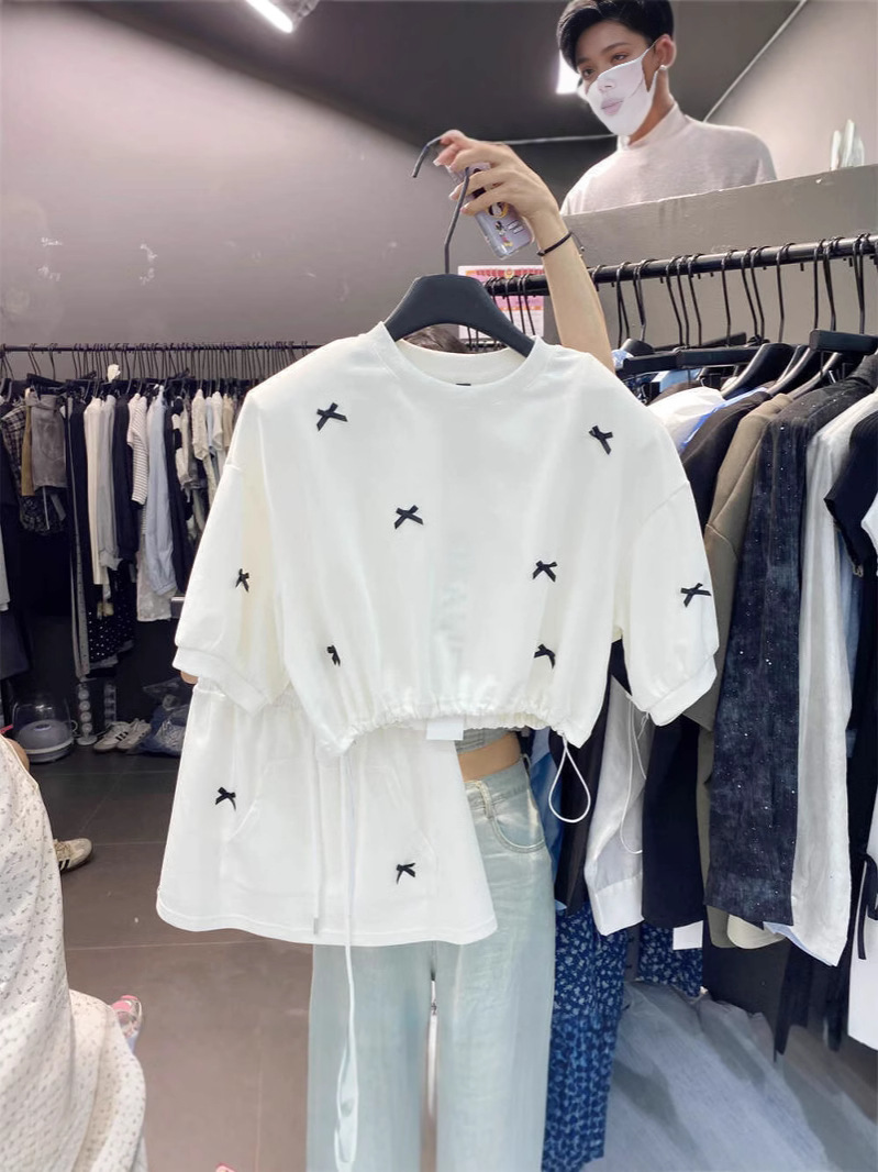 2025 New Arrival Bow Shoulder Pullover Short-sleeved T-shirt Women's Summer Short Harajuku-style Casual All-match Short Skirt