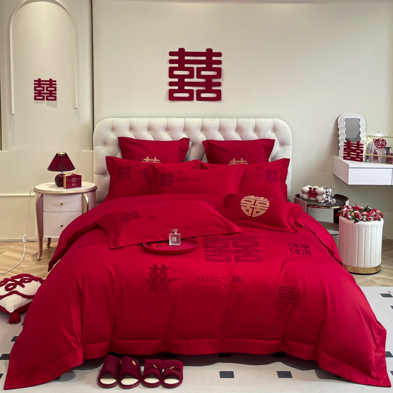 Picture of Chinese-style High-grade Wedding Four-piece Set Big Red Embroidered Wedding Dowry Quilt Cover Bed Sheet Newlywed Wedding Room Bedding