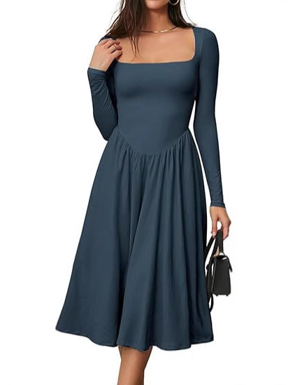 Women's dress 2025 spring and summer fashion square collar long sleeve casual A word long dress dress