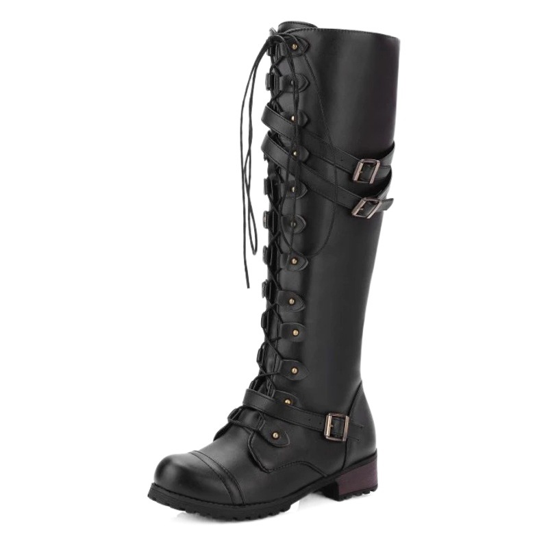 European and American Foreign trade leather boots round toe belt buckle flat boots women's autumn and winter New rivet lace-up high Knight boots