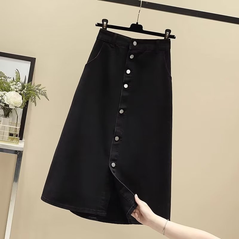 Black High Waist Buckle Denim Skirt Women's Summer New High Waist Slimming Belly Covering Skirt A- line Mid-length Dress Trendy