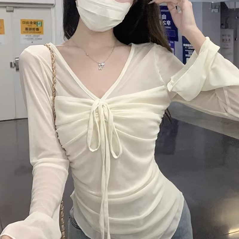Lace-Up V-Neck Sun Screen Mesh Long-Sleeved T-Shirt Women's Autumn New Style Pure Wind Pleated Irregular Slim-Fit Short Top