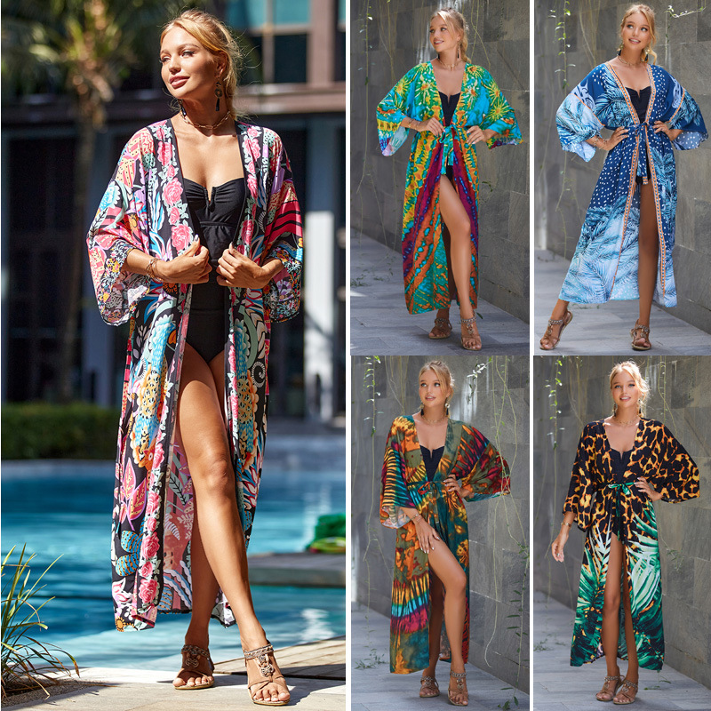 2023 New European and American Rayon Belt Beach Cover-Up Sun Protection Cover-Up Sun Protection Cardigan Women's Swimsuit Bikini Outer Wear