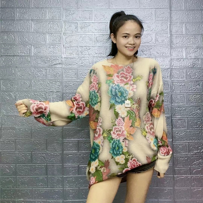 European goods and foreign style colorful red printed hot drilling mink sweater women autumn and winter new high-end feeling loose knit sweater