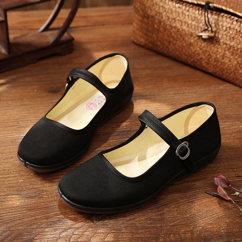 Old Beijing Cloth Shoes Women's Shoes Single Shoes Flat Dancing Shoes Black Low-top Square Mouth Hotel Area Work Shoes