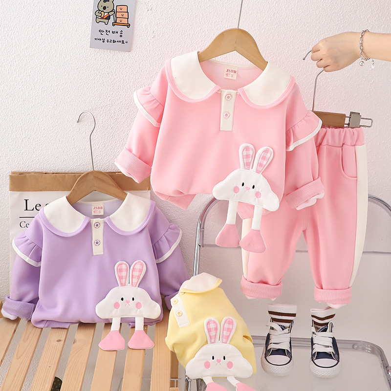 Girls' Autumn Long-sleeved suit Spring and Autumn New Children's Fashion Fried Street Three-dimensional Clouds Rabbit Long-sleeved Two-piece Set