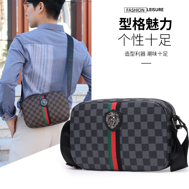 Fashionable Trendy Men's Large Capacity Crossbody Bag Classic Plaid Shoulder Bag Practical Lightweight Casual Small Satchel