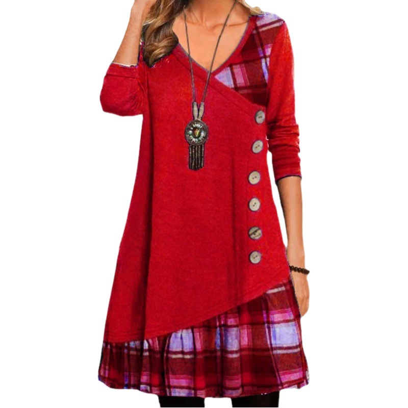 2022 Amazon Independent Station Autumn New V-Neck Stitching Decorative Buckle Long Sleeve Plaid Printed dress