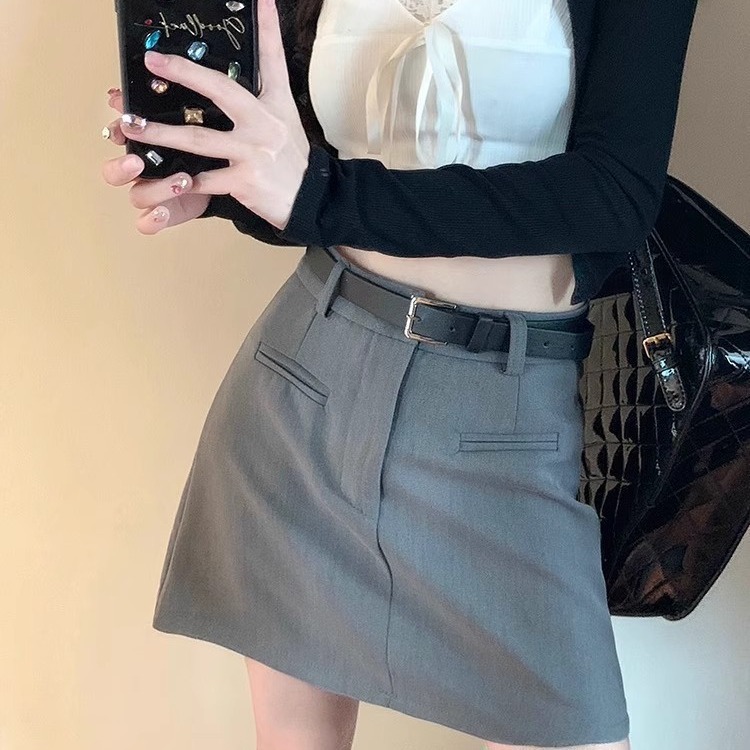 plus size Women's Wear Grey Short Skirt Women's 2024 New Autumn and Winter Suit Small High Waist Slim A- Line Half-length Skirt