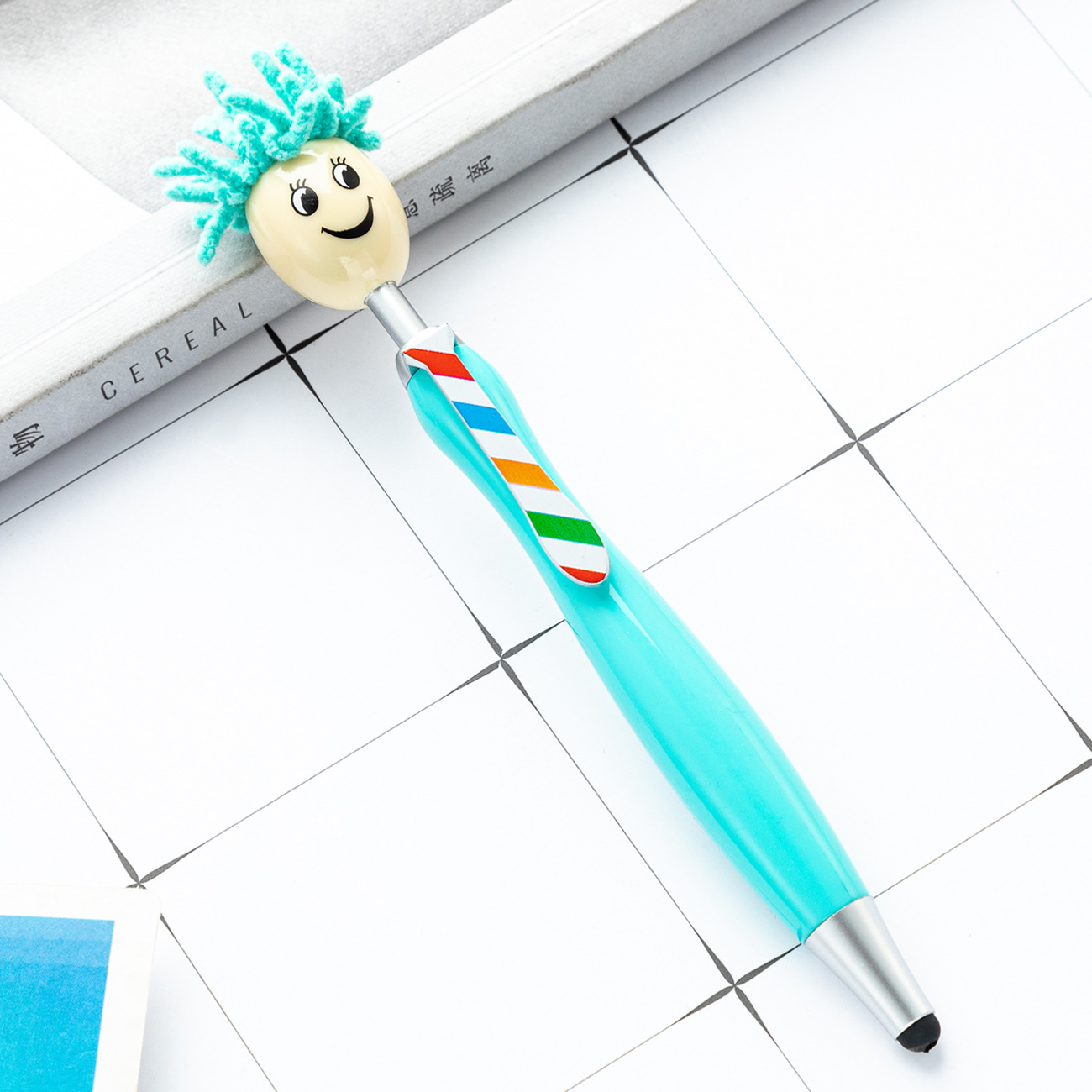 Picture of Cute plush doll head ballpoint pen printable logo three-dimensional cartoon smiley touch pen Christmas gift pen