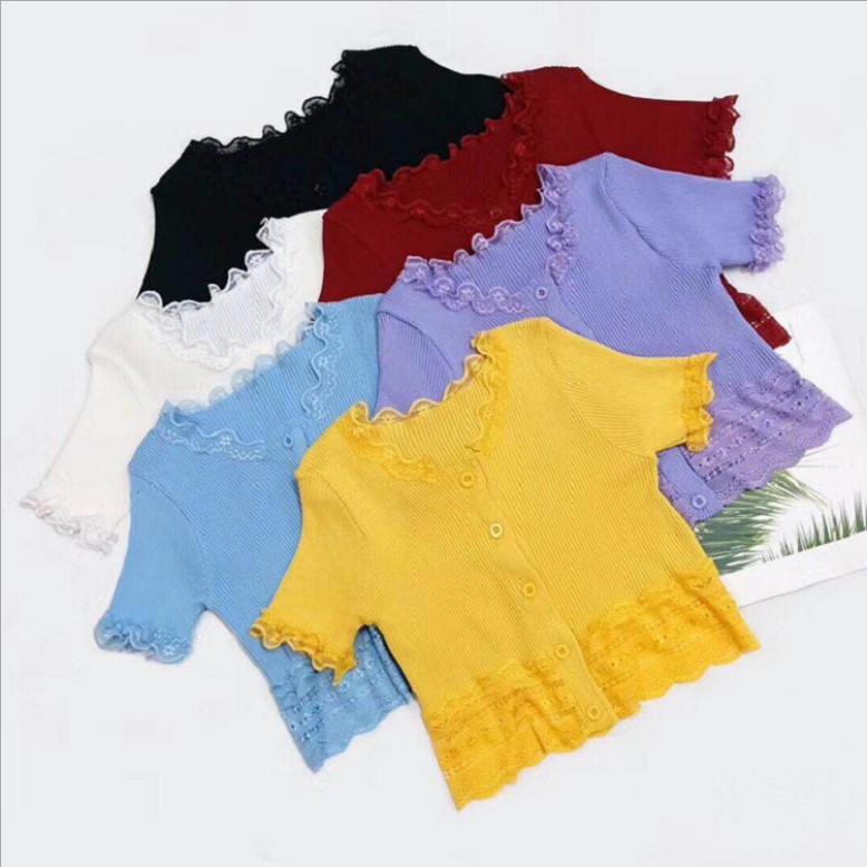 2024 New Summer Style French Retro Lace Short-Sleeved T-Shirt Slim Stretch Short Knitted Cardigan Top