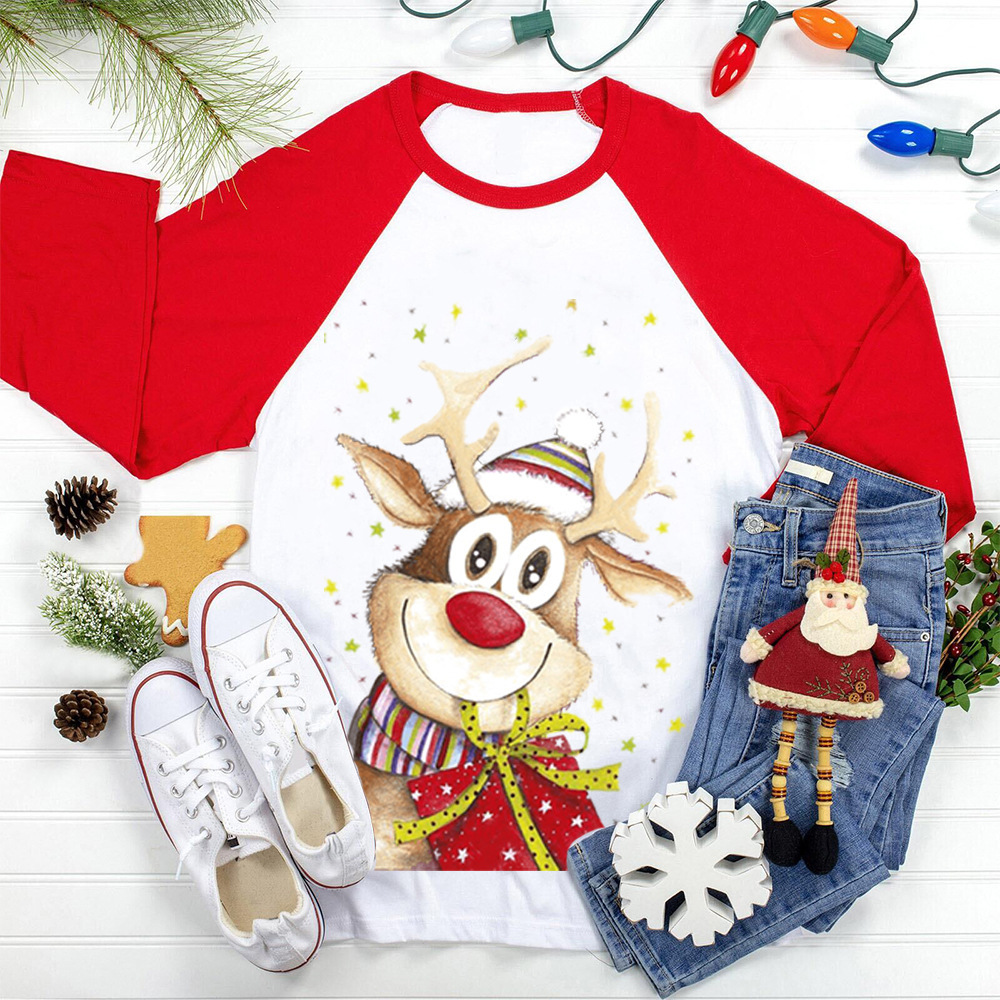 European and American Red Raglan Sleeve T-shirt Women's Christmas Gift Elk Printed T-shirt Top Casual Long Sleeve Polyester Cotton Women's T-shirt