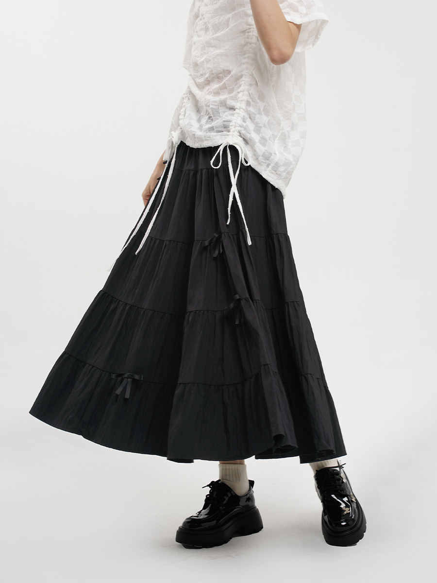 Yamamoto Style Summer French Style Skirt Gentle Style Black Style Bow High Waist Elastical A- Line Large Swing Mid-Length Skirt