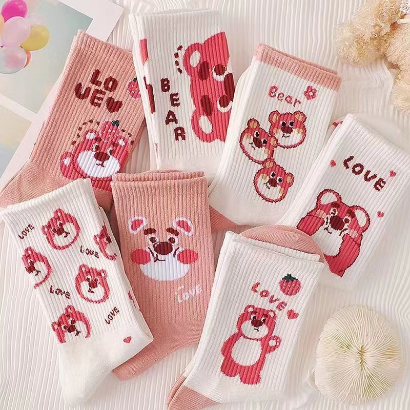 Cute Women's Pink Strawberry Bear Socks Instagram Trendy All-match Autumn and Winter Mid-length Socks Academic Style Long-length Trendy Socks for Children
