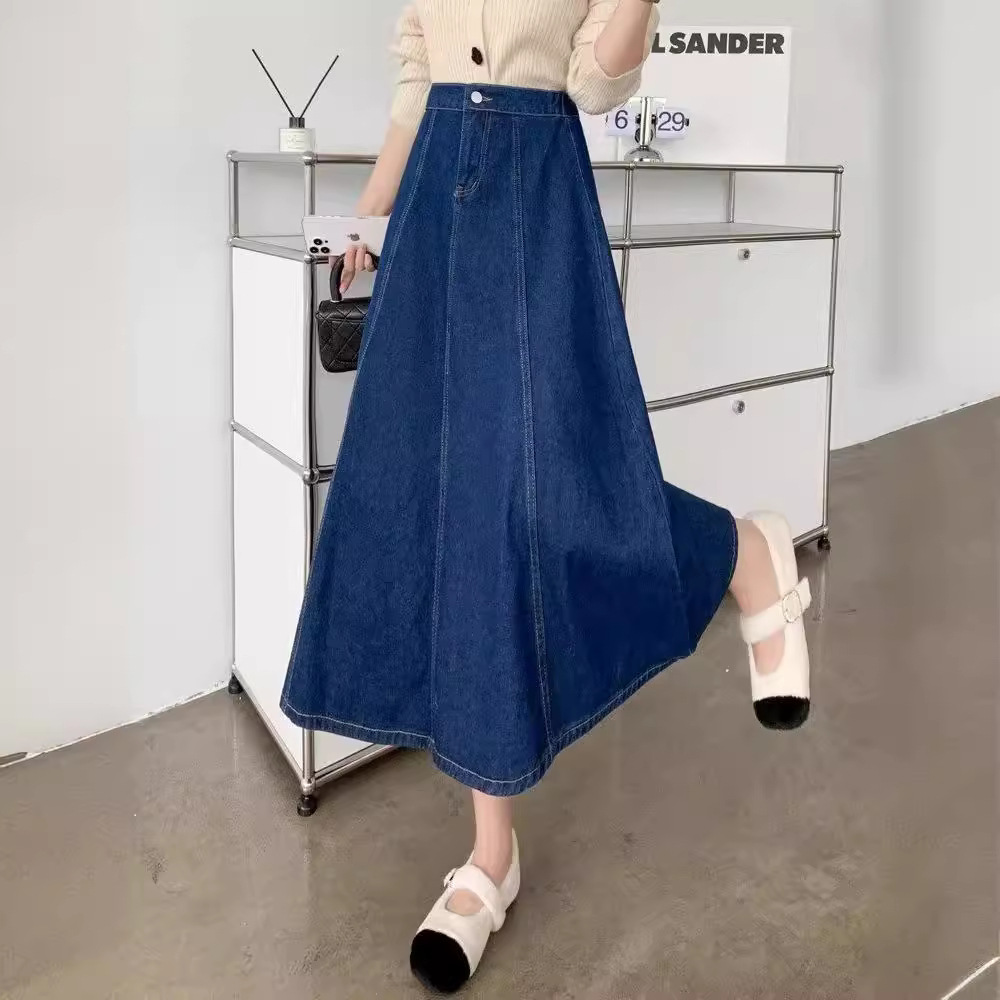 dark blue High Waist Denim Skirt Women's Summer 2024 New Style High Waist A- line Umbrella Skirt Slimming Mid-length Skirt