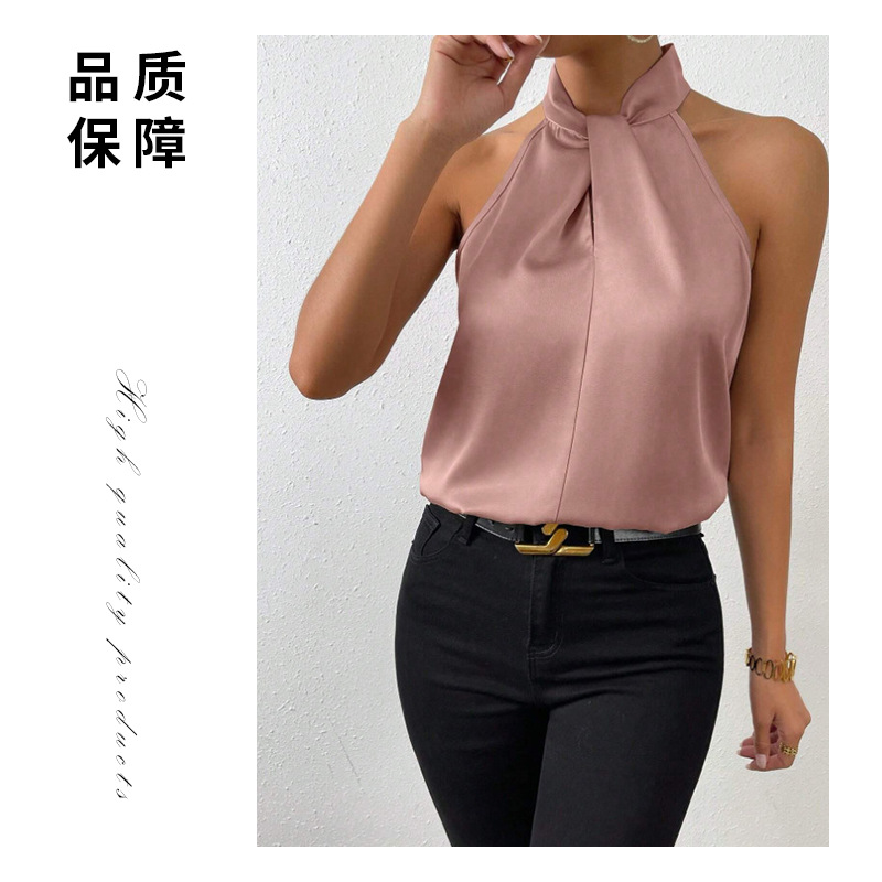 Picture of 2025 New Summer European and American Clothing Satin Halterneck Sleeveless Vest Satin Imitation Silk Top Wholesale in Stock