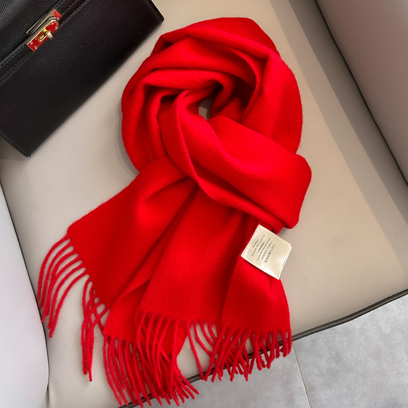 Chinese red pure wool scarf women's autumn and winter warm scarf for Mother light luxury high-grade tassel shawl wholesale