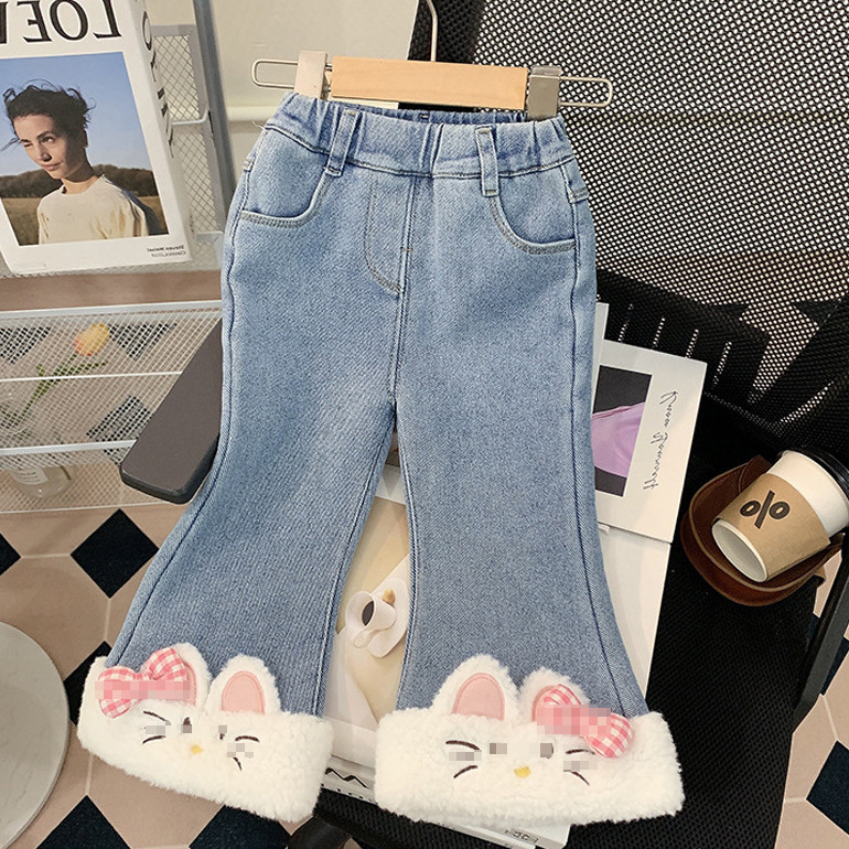 Girls' fleece-lined Thickened Jeans Winter 2024 New Children's One-piece Velvet Flared Pants Autumn and Winter Pants