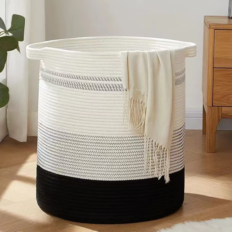 New Cotton Rope Storage Barrel Amazon Large Cotton Rope Woven Basket Household Dirty Clothes Basket Folding Cotton Line Laundry Basket