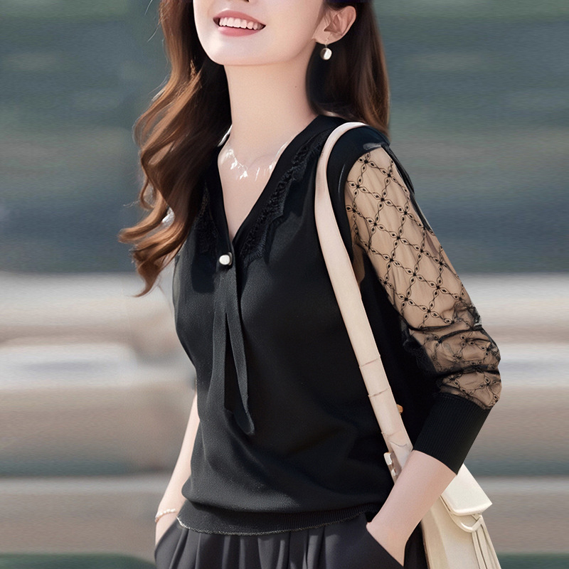 2025 Spring and Summer New V Slim Collar Ice Silk Thin Base Shirt Knitted Slim-fit Top