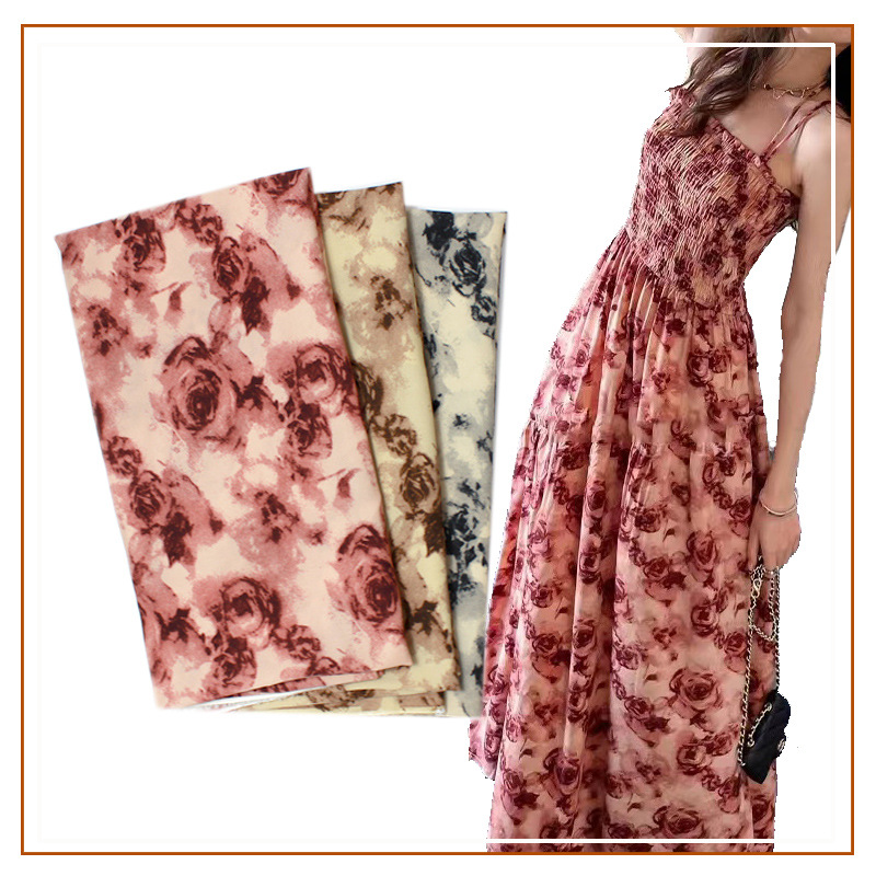Summer New Floral Plain Satin Printed Fabric Internet Popular Women's Summer French Style Ancient Dress Slip Skirt Fabric