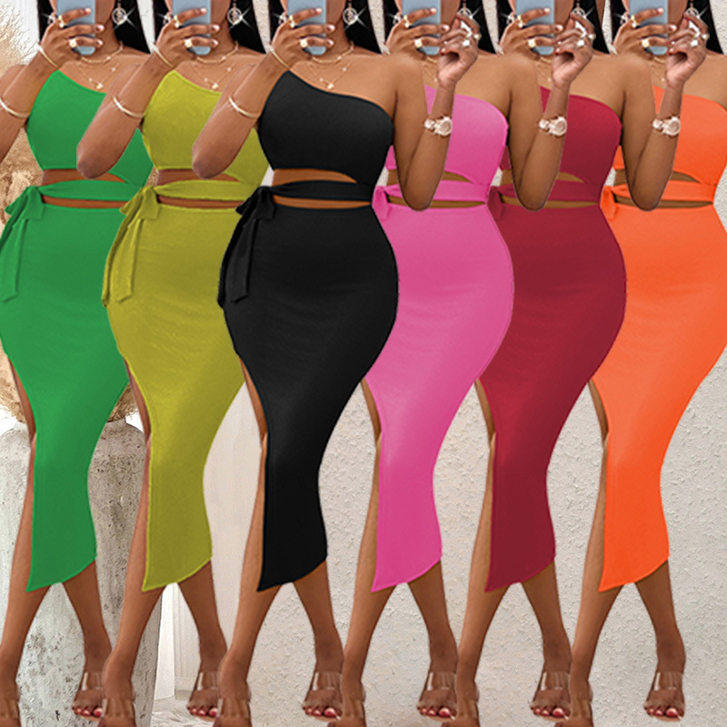 M3135 Amazon European and American Export Women's Summer Casual Pure Color Slope Collar Waist Knitted Hip Dress