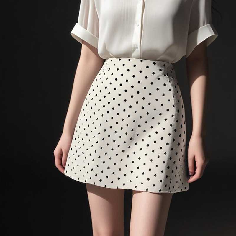 Real Shot of Korean Retro Polka Dot Skirt for Women in Spring, High-Waisted Versatile Skirt for Small People, Slimming Look and Hip-Hugging Short Skirt