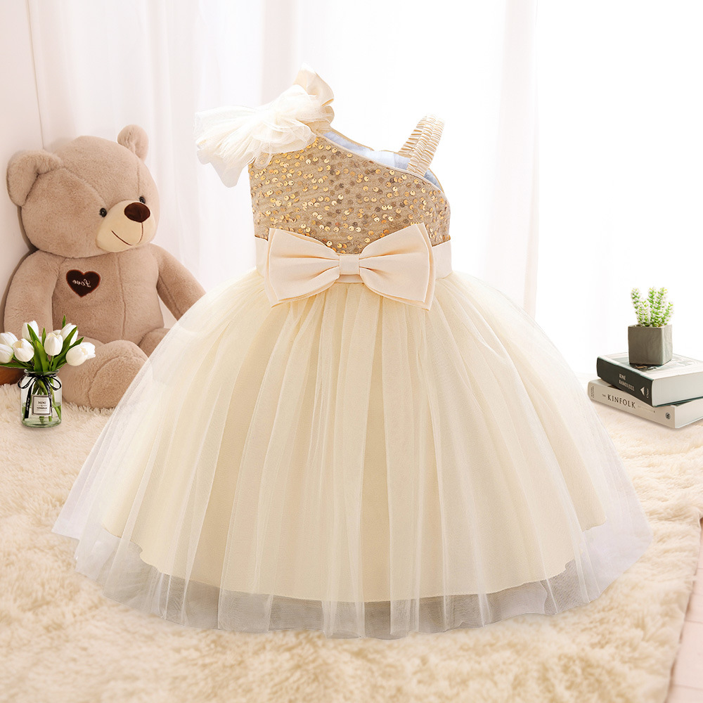 Amazon New Baby Children's Dress Princess Dress Slant Shoulder Sequin Sling Mesh Puffy Princess Dress Wash Dress