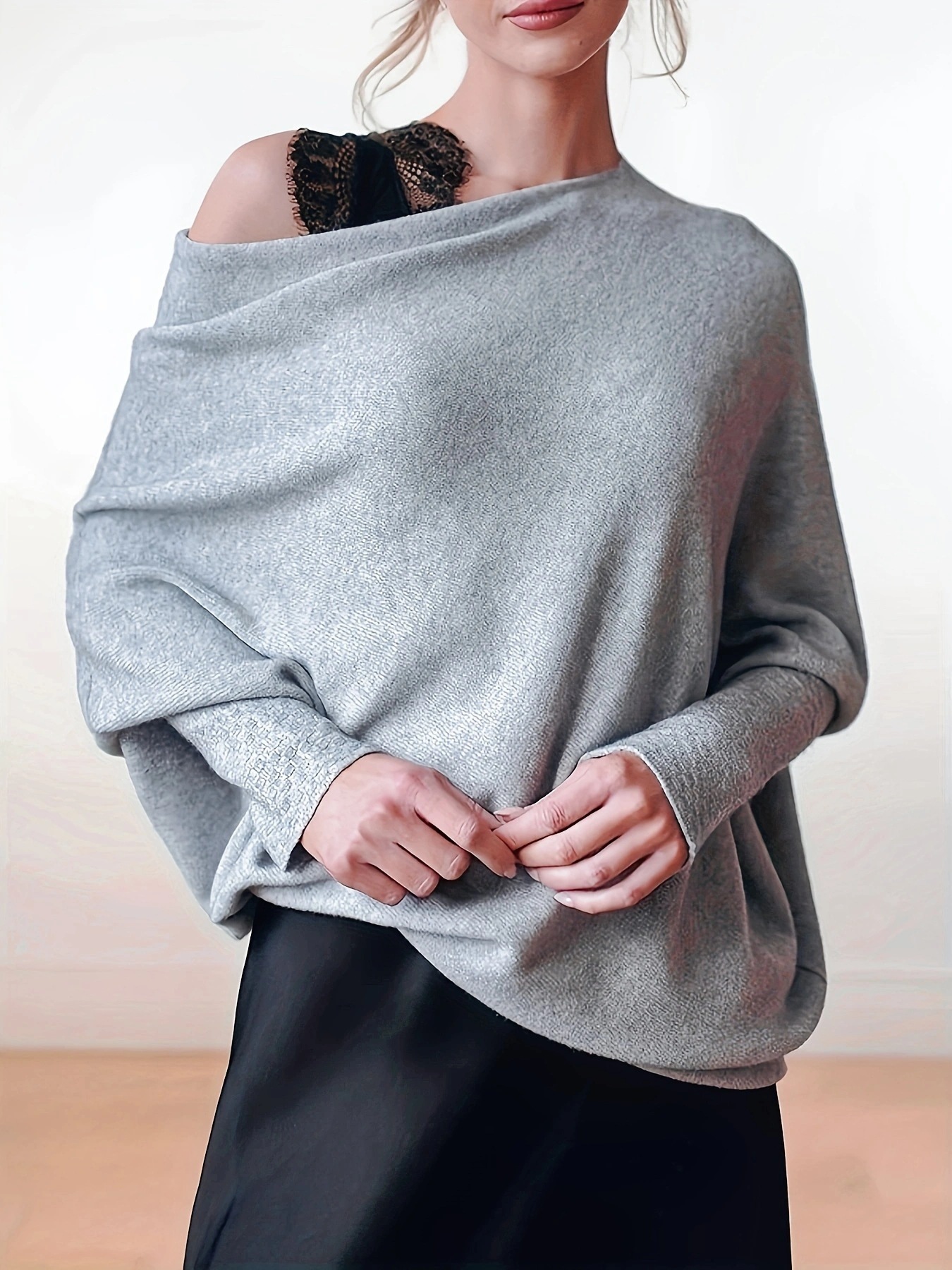 Autumn and Winter 2023 Amazon Europe and America New Solid Color Oblique Collar Long Sleeve Comfortable Knitted Pleated Pullover