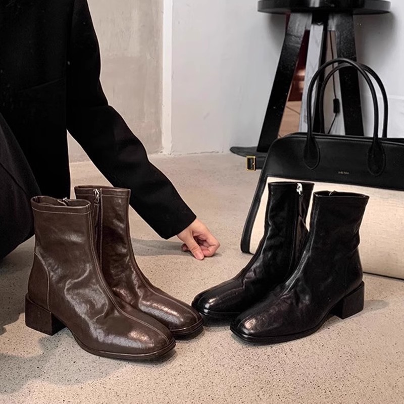Grape Ma's 2025 Autumn and Winter New Martin Boots Square Toe Genuine Leather Slim Short Boots Thick Heel Thick Sole Small Ankle Boots for Women