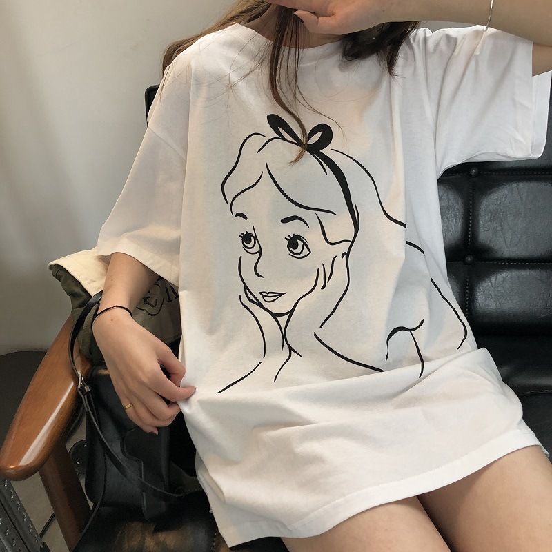 2025 Summer New Korean Style Printed Mid-Length Short-Sleeved T-Shirt Female Student Loose Top Ins Women's Clothing Trendy Women's Style