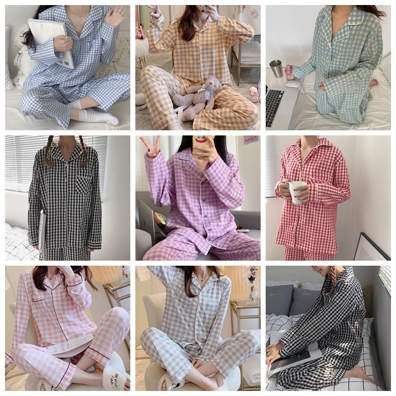 Korean Winter Cardigan Pajamas Women's Plaid Cute Spring and Autumn Long Sleeve Foreign Trade Wearable Spring and Autumn Home Clothes Women's Suit